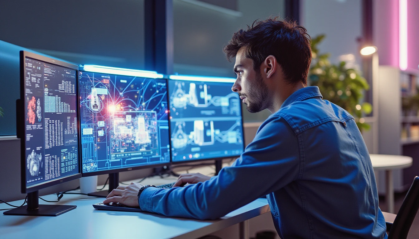 Versicherungsanalyst prüft Anspruch auf leuchtendem Bildschirm, umgeben von holografischen Datenströmen und KI-gesteuerten Betrugserkennungsvisualisierungen