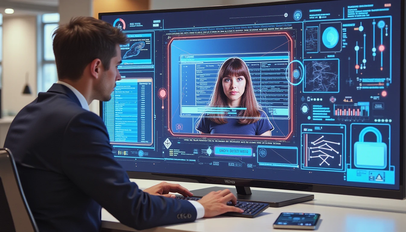 Professional analyzing a digital insurance claim on a holographic screen with AI fraud detection and cybersecurity overlays