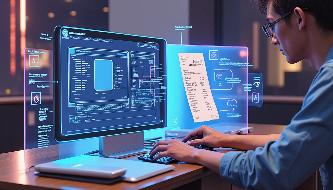 Split-screen showing AI analyzing a digital receipt in an office and detecting fake data via neon-lit conceptual overlays.