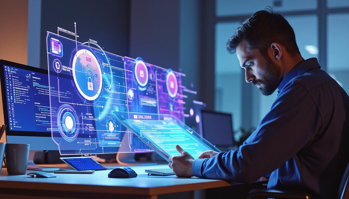 Futuristic insurance office with neon-lit AI interfaces showing document verification, fraud analytics, and secure data visualization