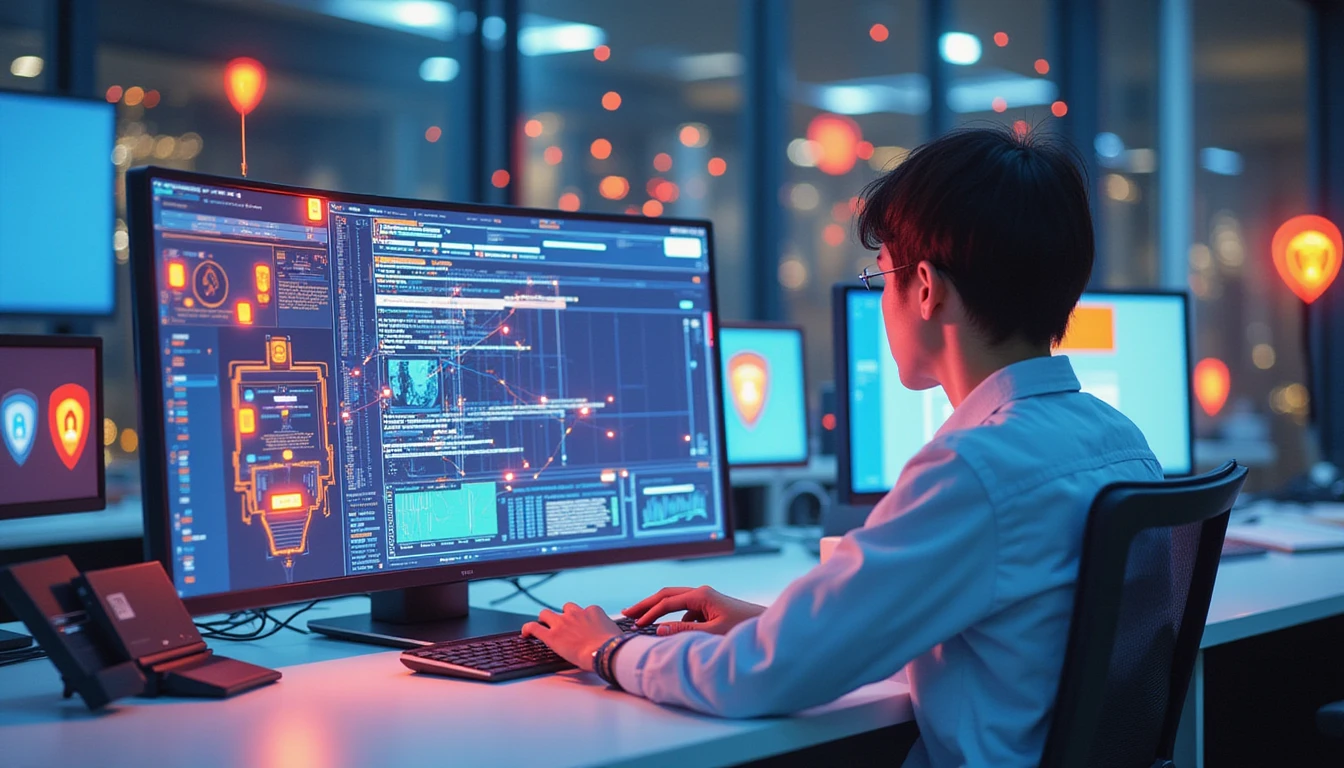 Futuristic macro of fraud analyst at high-tech desk reviewing deepfake alerts on glowing screen with AI authentication visuals