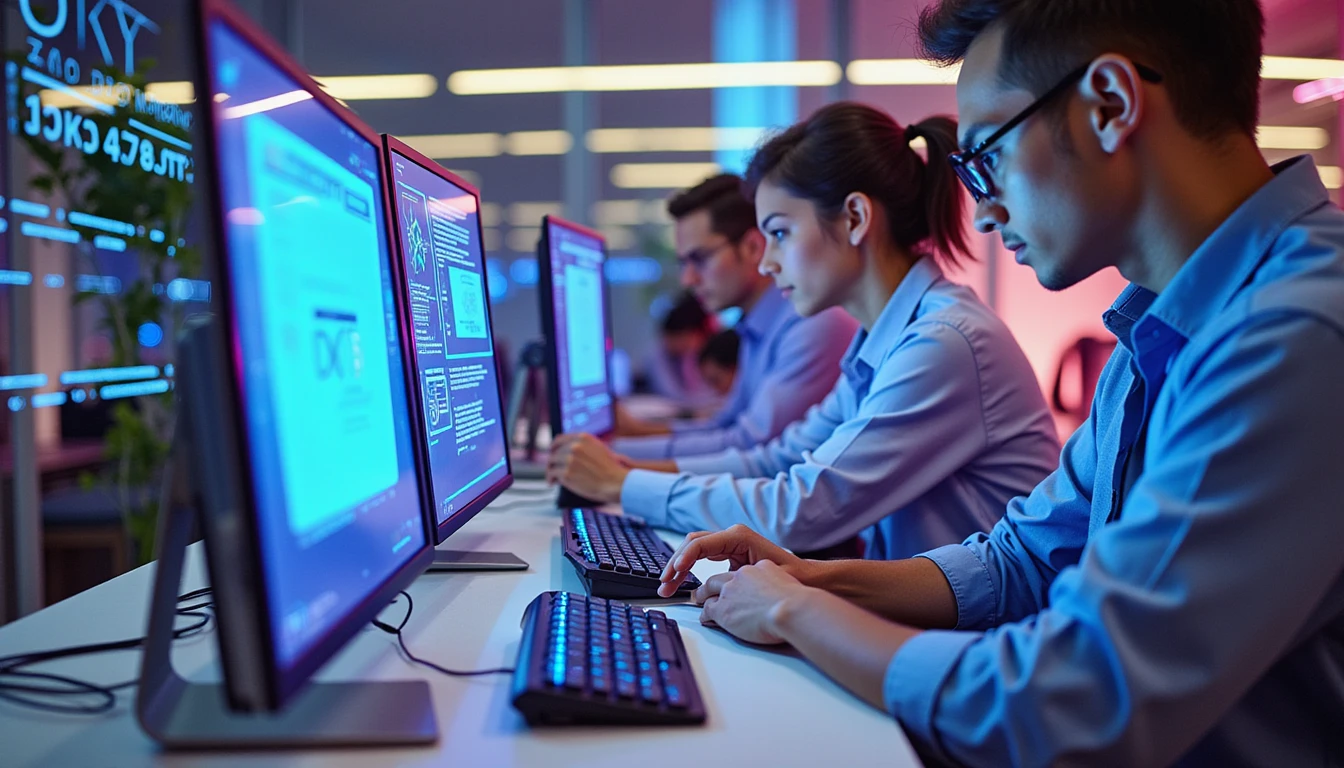 Modern insurance office with pros analyzing digital docs, neon AI visuals show fraud detection, metadata checks, GDPR compliance