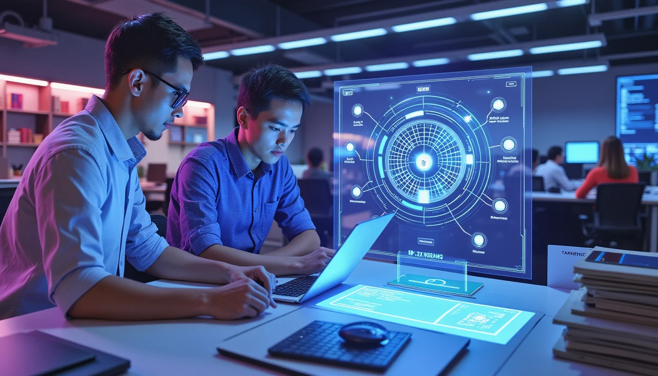 Futuristic finance center with neon-lit dashboards, AI hologram showing fraud detection and secure ERP receipt verification
