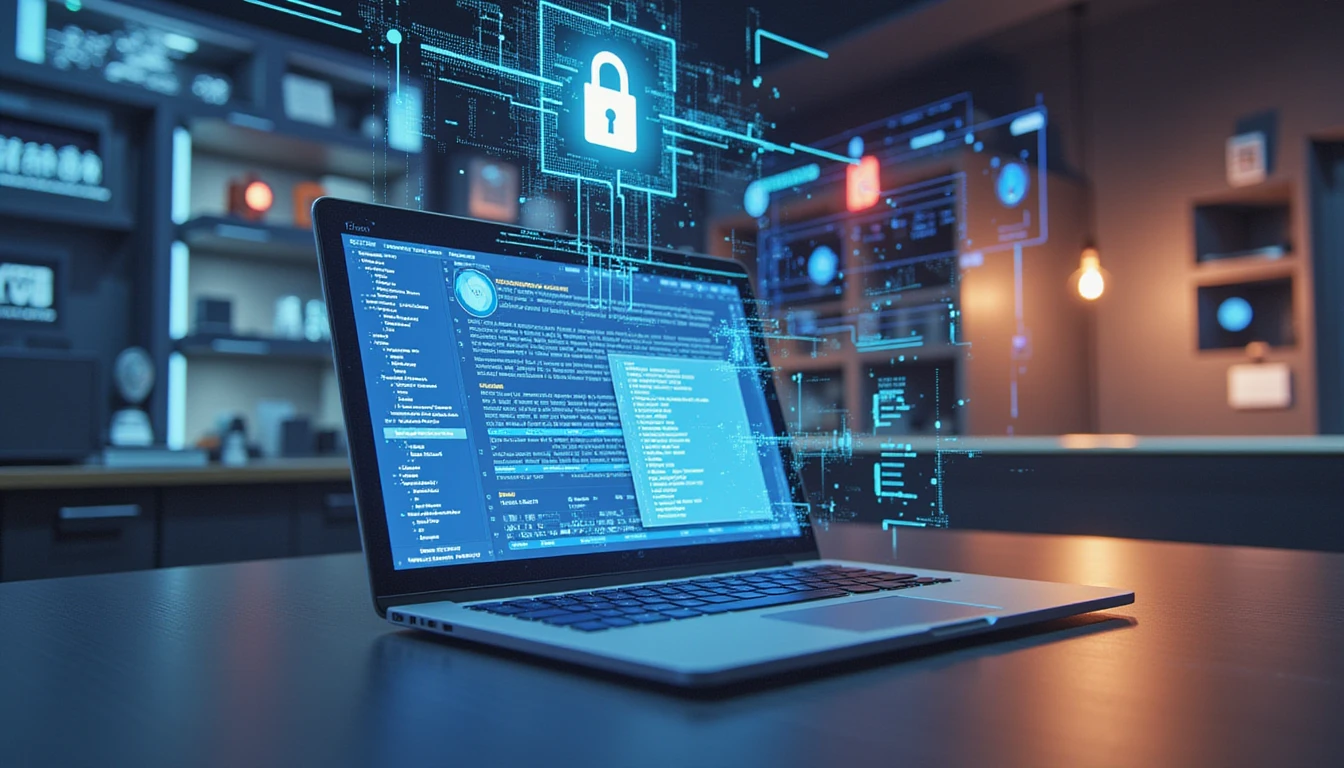 Close-up of laptop running receipt scanning software with holographic data streams and cybersecurity icons in a futuristic workspace