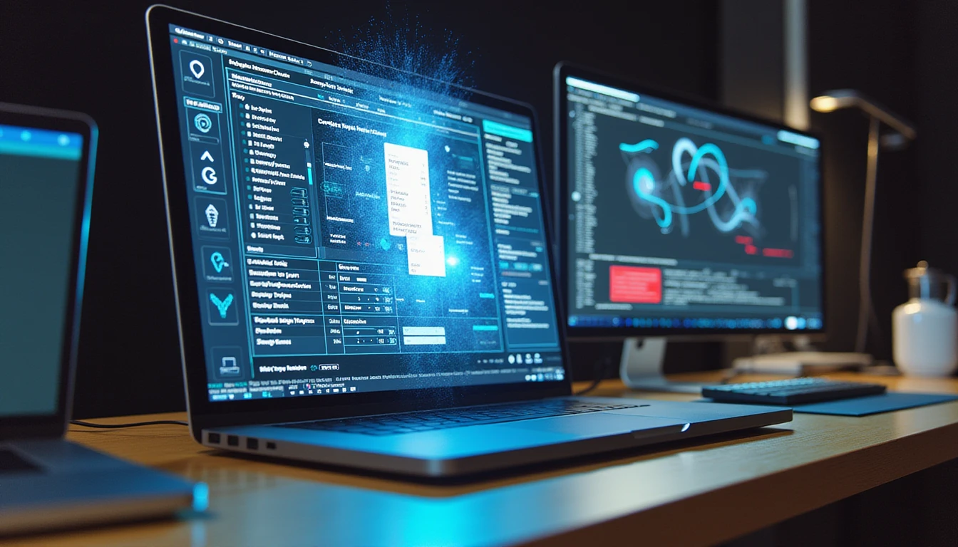 Futuristischer digitaler Arbeitsplatz scannt einen Beleg mit KI-gesteuerten Hologrammen, die Betrugserkennung und Metadatenanalyse hervorheben