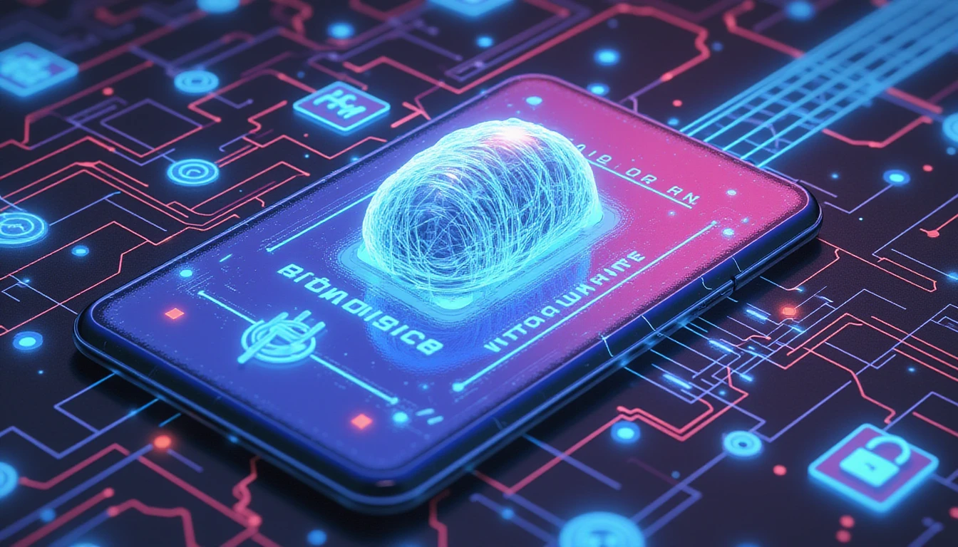 Futuristic AI brain scans holographic receipts with neon circuits, security shields, and data streams in a cyber-tech environment