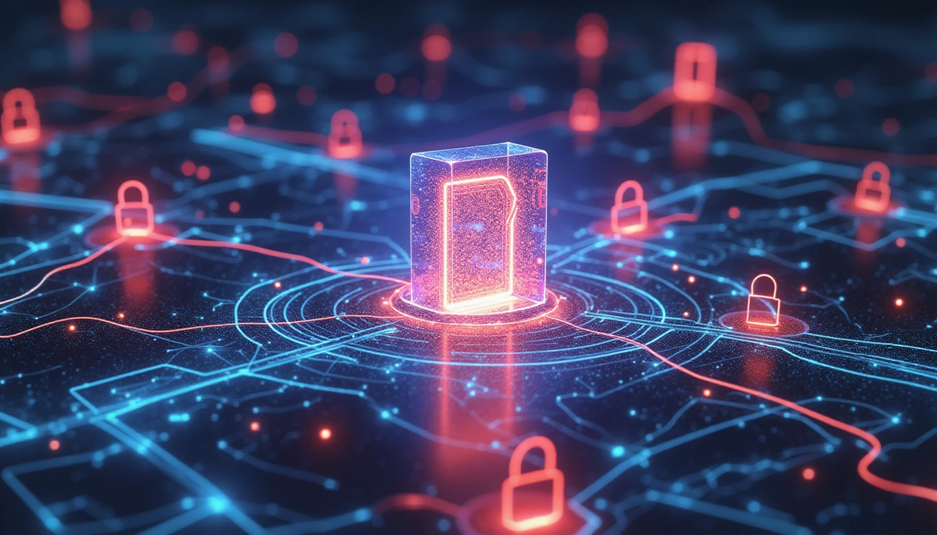 Futuristic neon-lit network visualizing AI-powered fraud detection in insurance, with security shields, data analysis, and GDPR compliance.