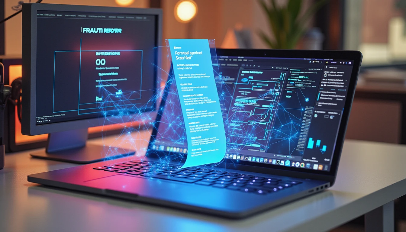 Macro shot of futuristic workspace with AI fraud detection scanning a fake receipt amid neon-lit holographic data overlays