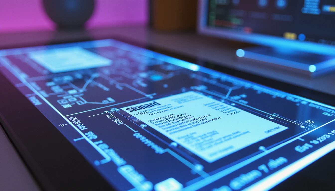 Futuristic fintech workspace with touchscreen scanning a receipt and AI visualizing fraud detection via neon-lit data flows