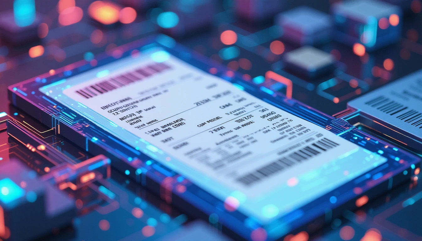 AI-powered neural network analyzing digital receipts with holographic data streams for fraud detection and GDPR compliance