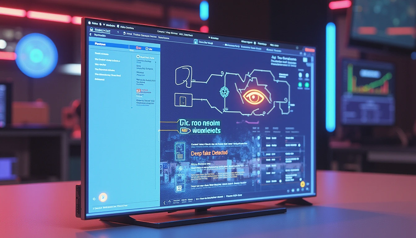 Futuristic digital office with transparent screen showing expense software alerting 'Deepfake Detected', under neon-lit AI surveillance