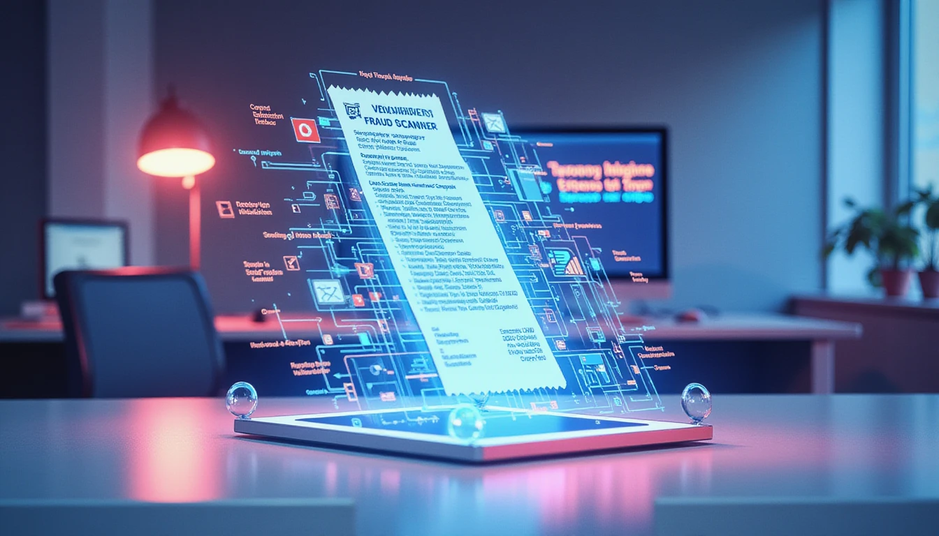 Futuristic office with floating digital receipt, AI-driven fraud scanner, and glowing data paths for secure OCR text extraction