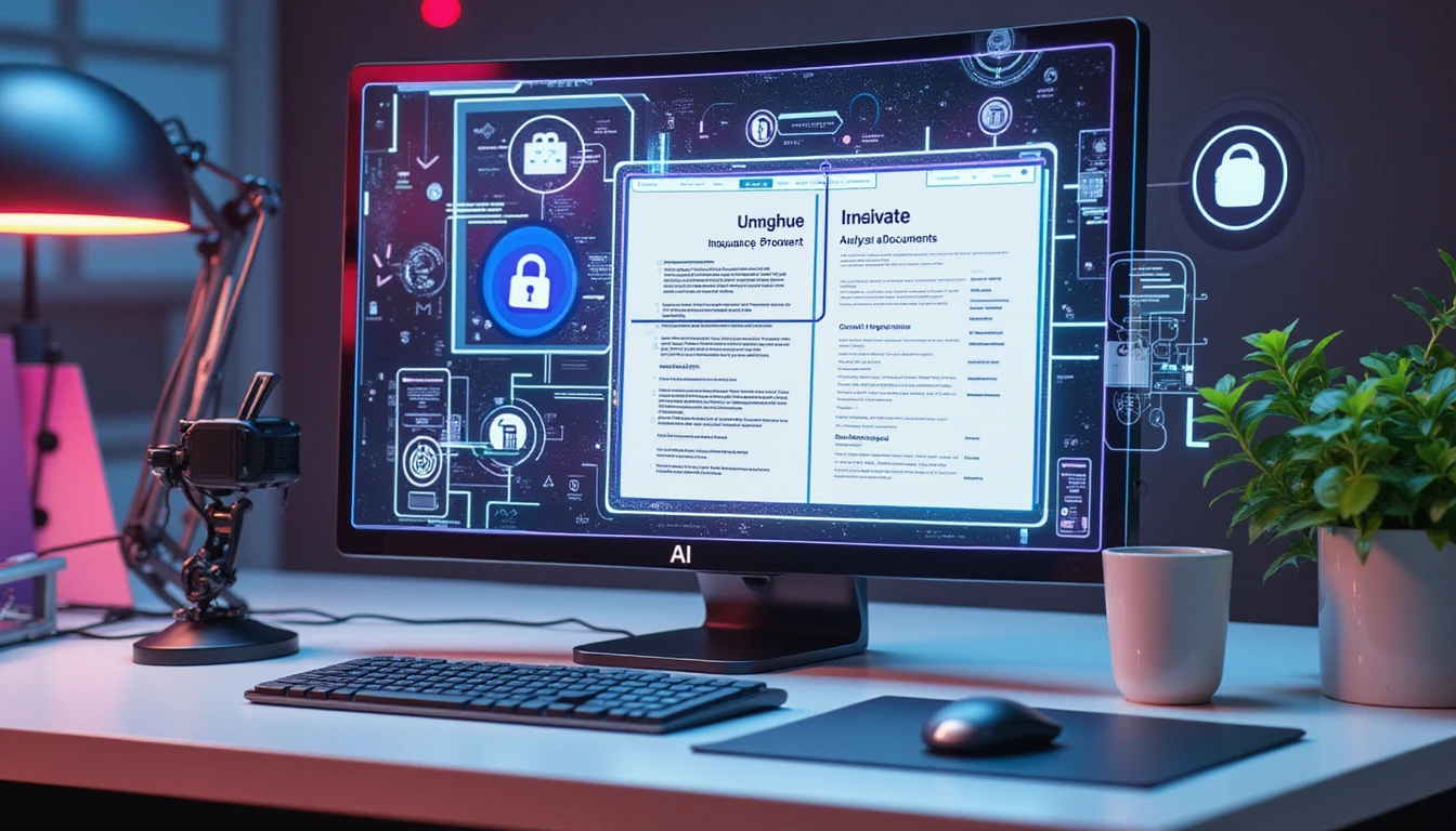Futuristischer digitaler Arbeitsplatz mit KI-Oberfläche, die Versicherungsdokumente analysiert, Datenverifizierungsschichten und Betrugserkennungsbilder