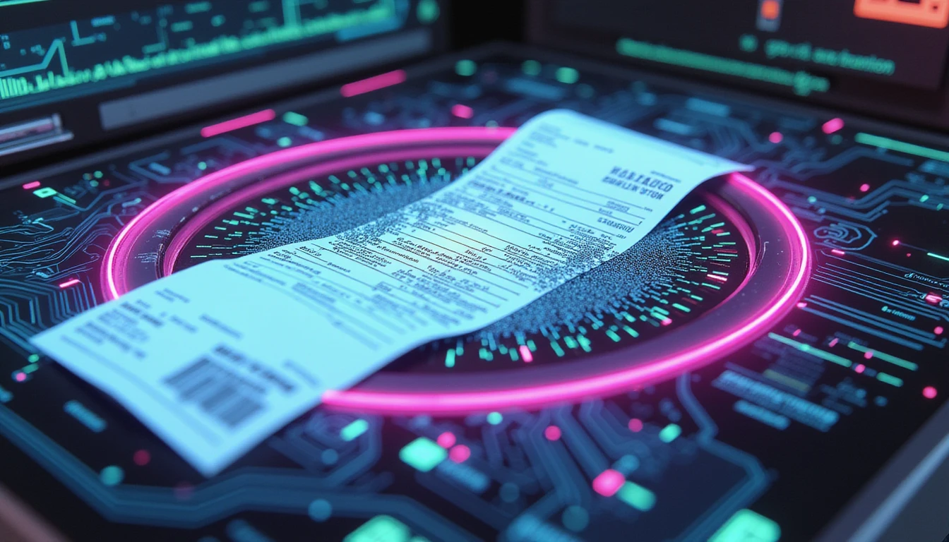 Digitale Quittung, die in Datenpartikel zerfällt in einer neonbeleuchteten KI-Oberfläche, symbolisiert Fintech-Betrugserkennung und Sicherheitsintegration.
