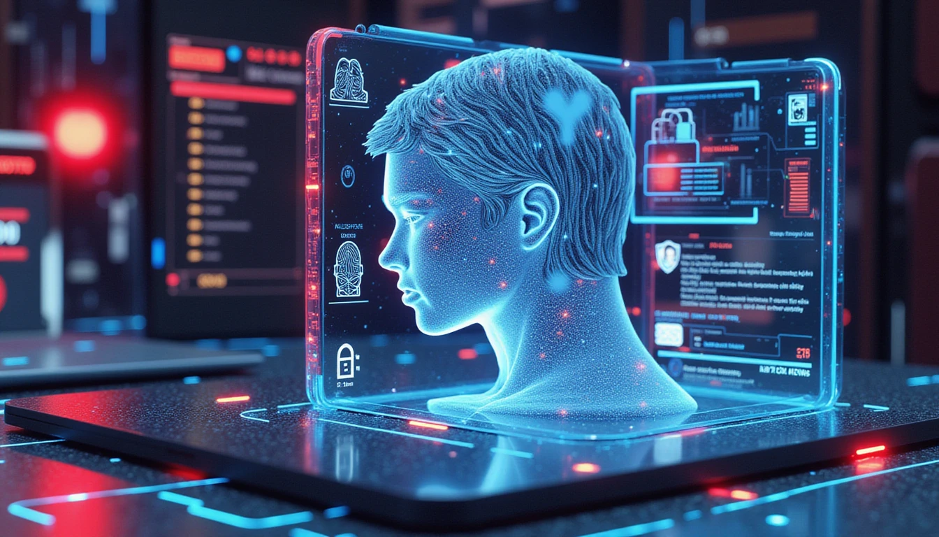 Futuristic digital interface scanning a data-formed face for AI identity verification in online dating with anti-fraud alerts