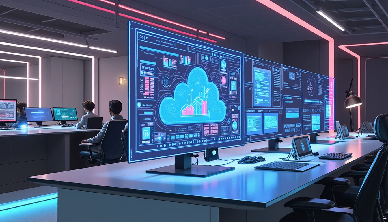 Futuristisches Versicherungsbüro mit KI-gesteuerten Hologrammen, DSGVO-konformer Cloud-Analyse und Betrugserkennungsschnittstelle in Neonbeleuchtung.