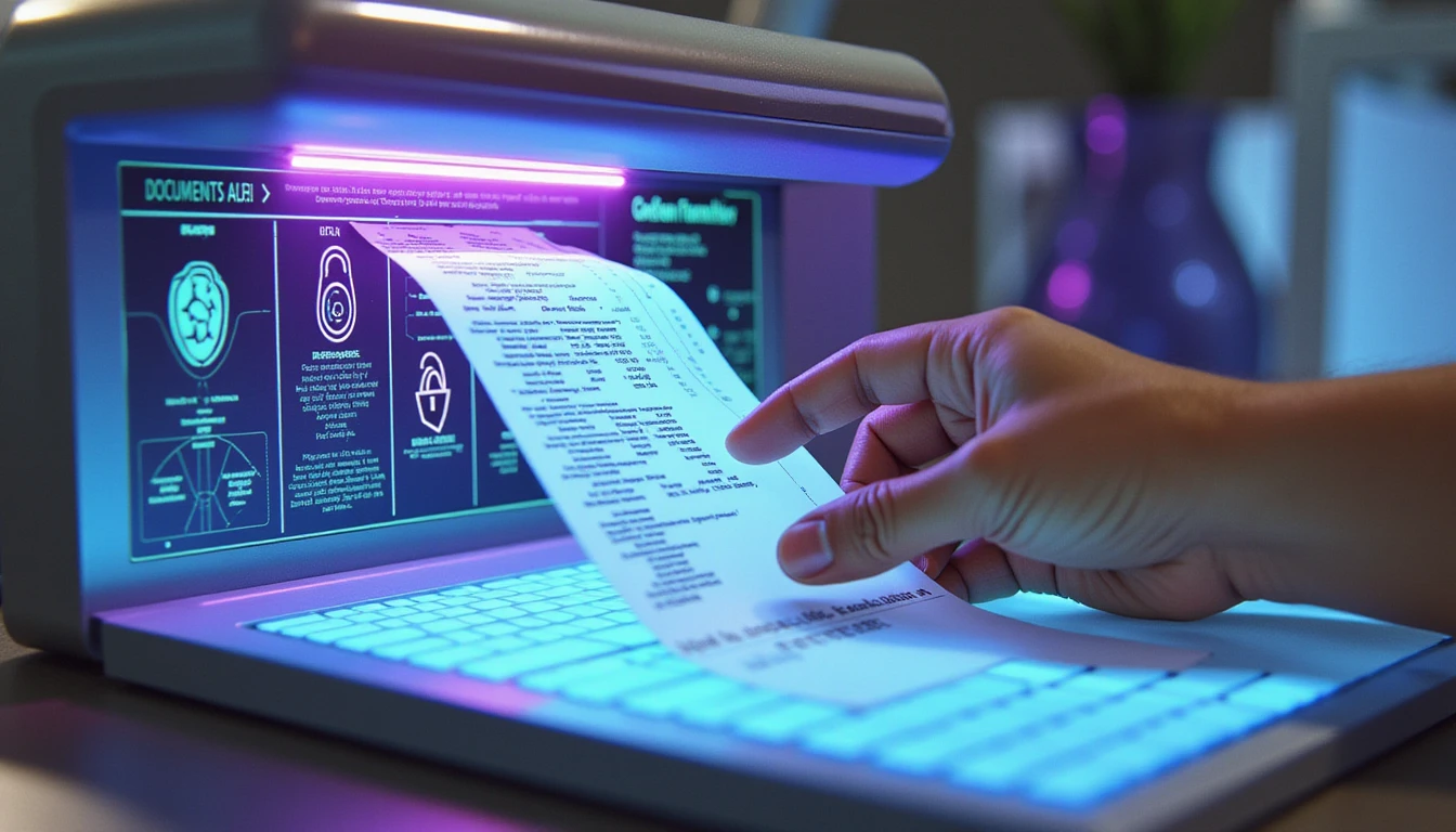 Macro view of AI-driven document verification with neon-lit scanner, digital metadata, and GDPR-compliant security icons