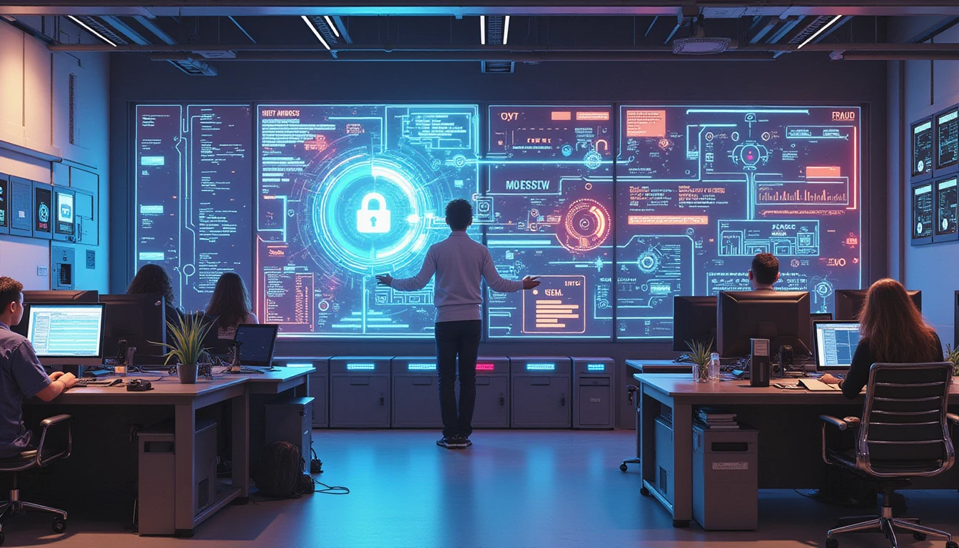 Futuristisches Versicherungszentrum mit Fachleuten, die über eine KI-gesteuerte Schnittstelle Anomalien in gescannten Dokumenten zur Betrugserkennung analysieren
