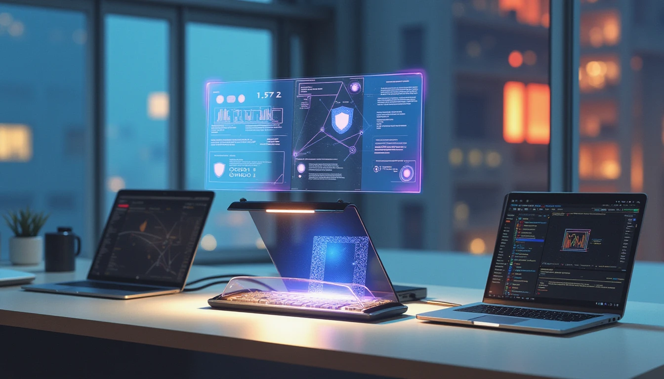 Futuristic office desk with glowing digital receipt scanned midair, holographic AI fraud detection and cityscape in background