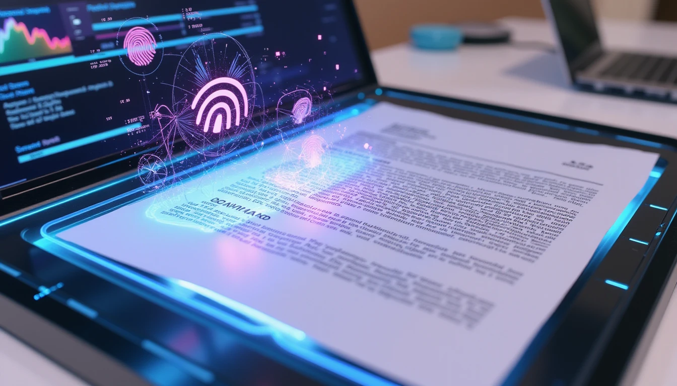 Hochrealistisches Makro einer KI-Betrugserkennungsschnittstelle, die ein digitales Dokument in einem modernen Versicherungsbüro scannt