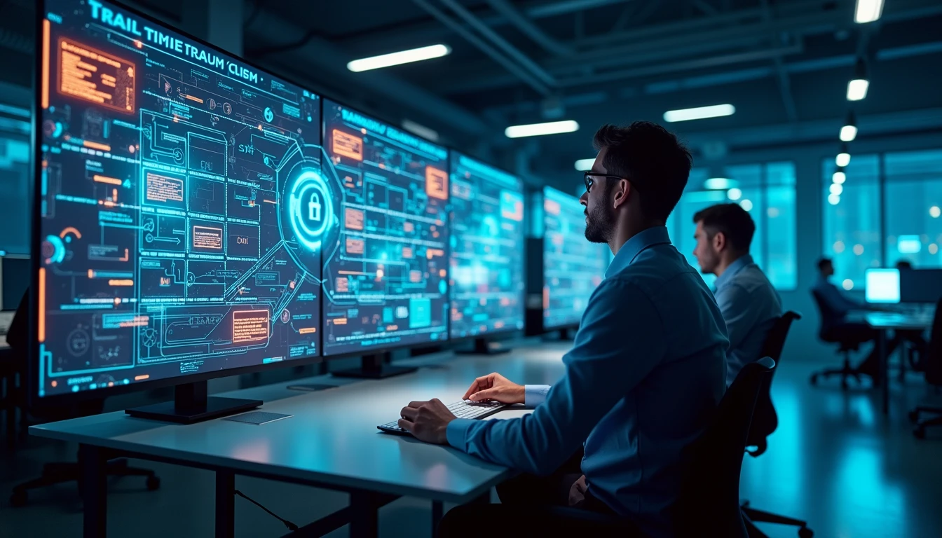 Fachleute überprüfen digitale Schadensansprüche auf leuchtenden Bildschirmen mit holographischen KI-Betrugserkennungen und GDPR-konformen visuellen Hinweisen.