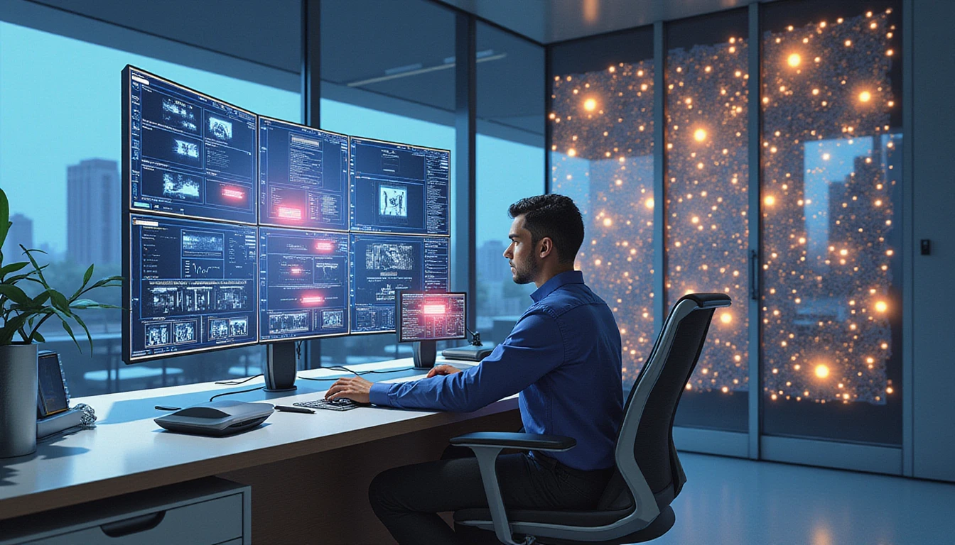 A digital security analyst reviews insurance claims on holographic screens with AI-driven fraud detection, set in a futuristic high-tech office.