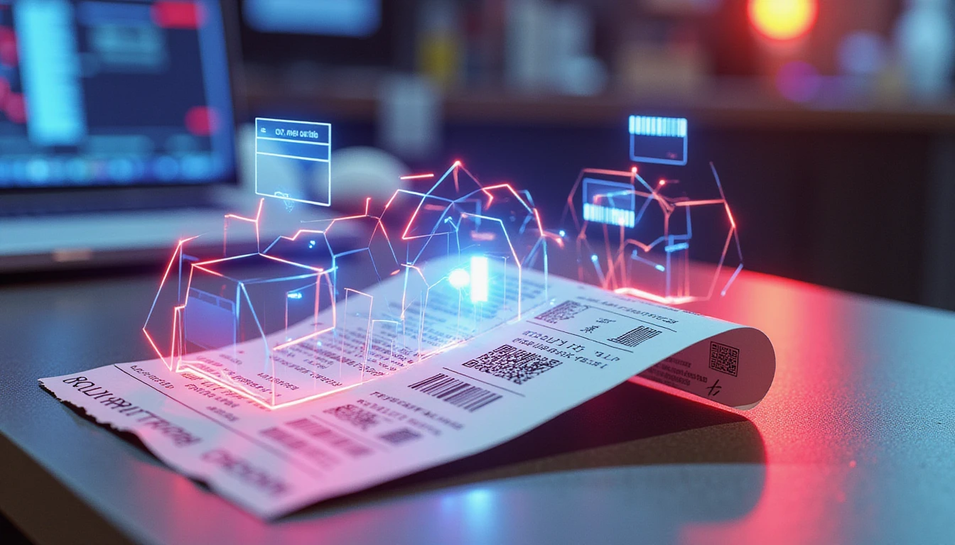 High-tech receipt dissolving into neon data streams and AI circuits, symbolizing fraud detection with advanced analytics