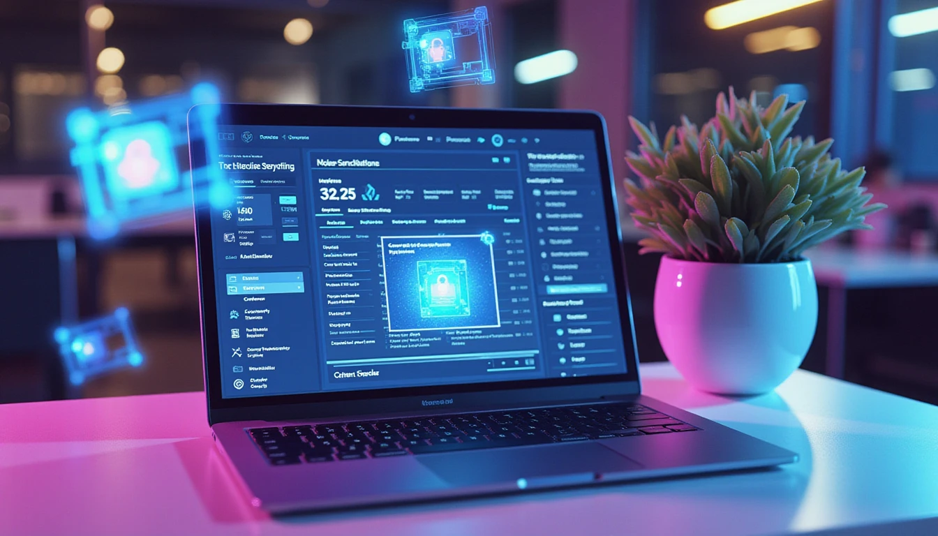 Futuristischer Arbeitsplatz mit neonbeleuchteter KI-Schnittstelle, die das Spesen-Dashboard eines Laptops in Echtzeit auf Dokumentenbetrug prüft.