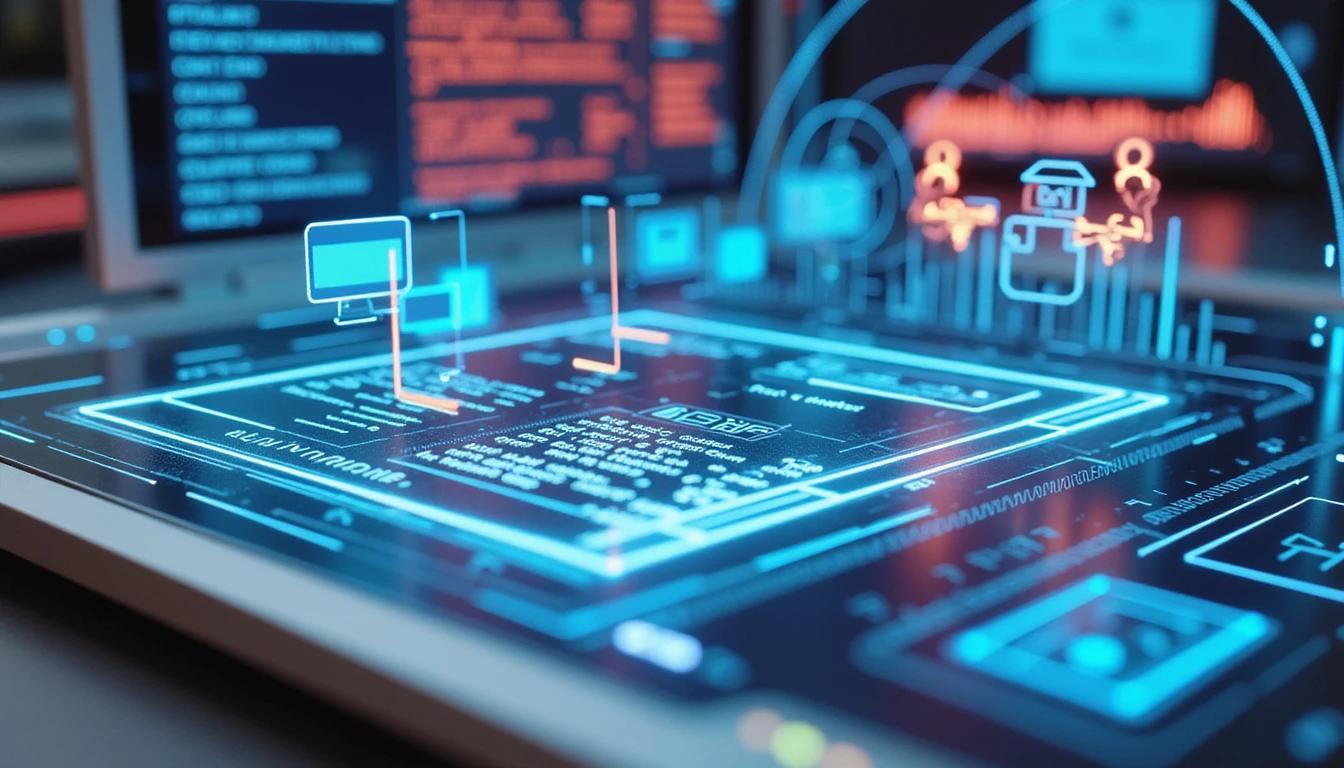 Futuristic digital workspace with holographic AI diagrams, scanning a document with glowing markers, symbolizing secure data verification