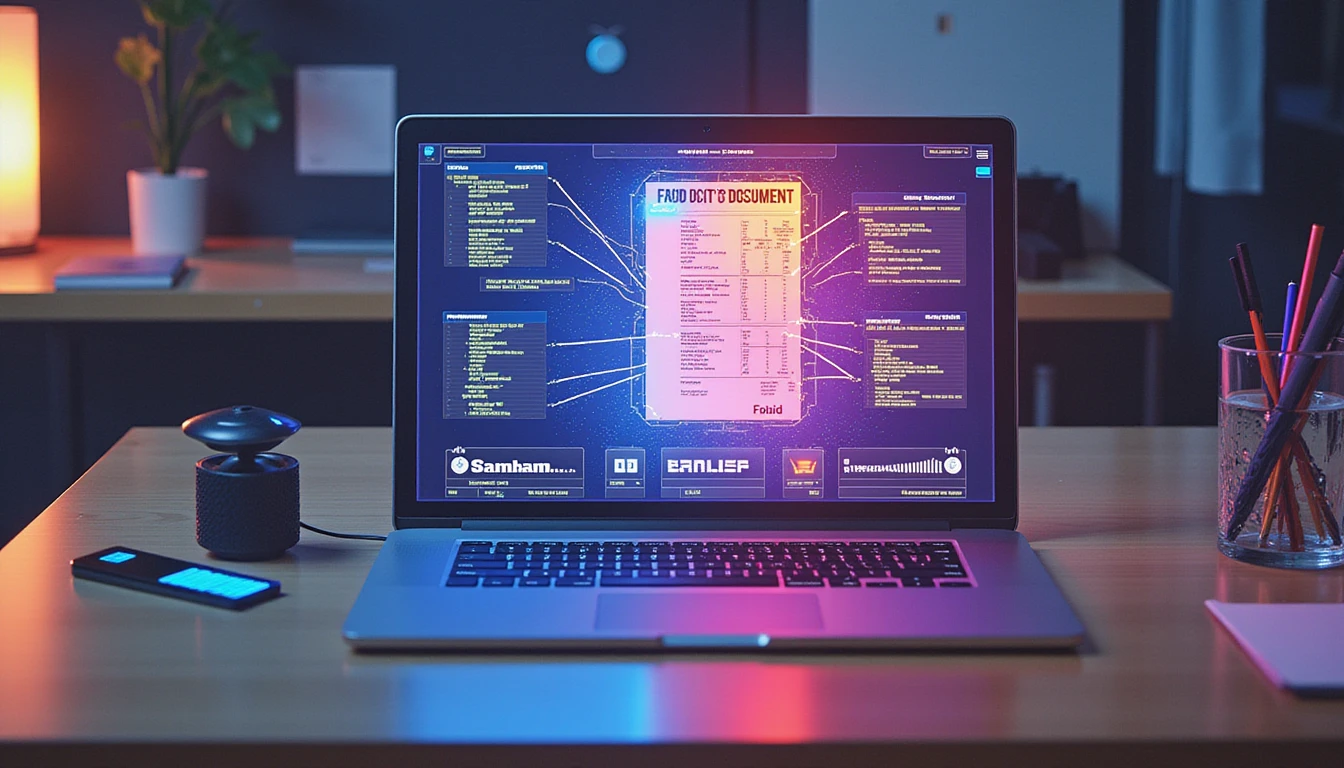 AI-driven fraud detection system scanning a suspicious receipt on a digital workspace with neon-glow data visualization