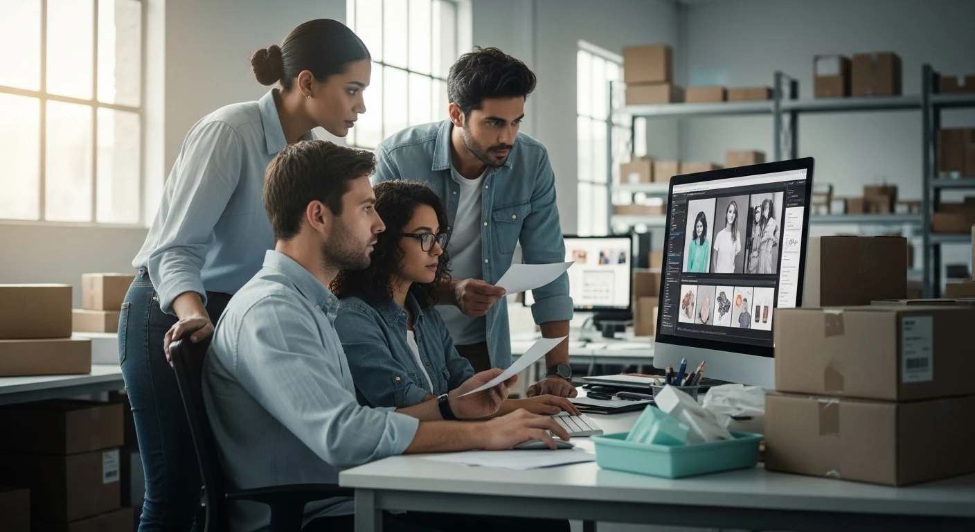 Kinematische Szene der digitalen Manipulation im Retourenbetrug des E-Commerce, die zeigt, wie KI-Technologie betrügerische Rückerstattungen bekämpft.