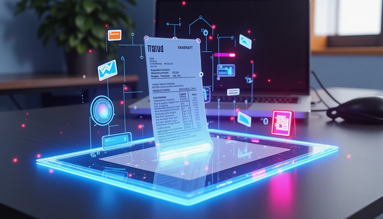 Futuristic workspace with AI interface scanning a document, showing VAARHAFT’s Fraud Scanner API in action for expense management