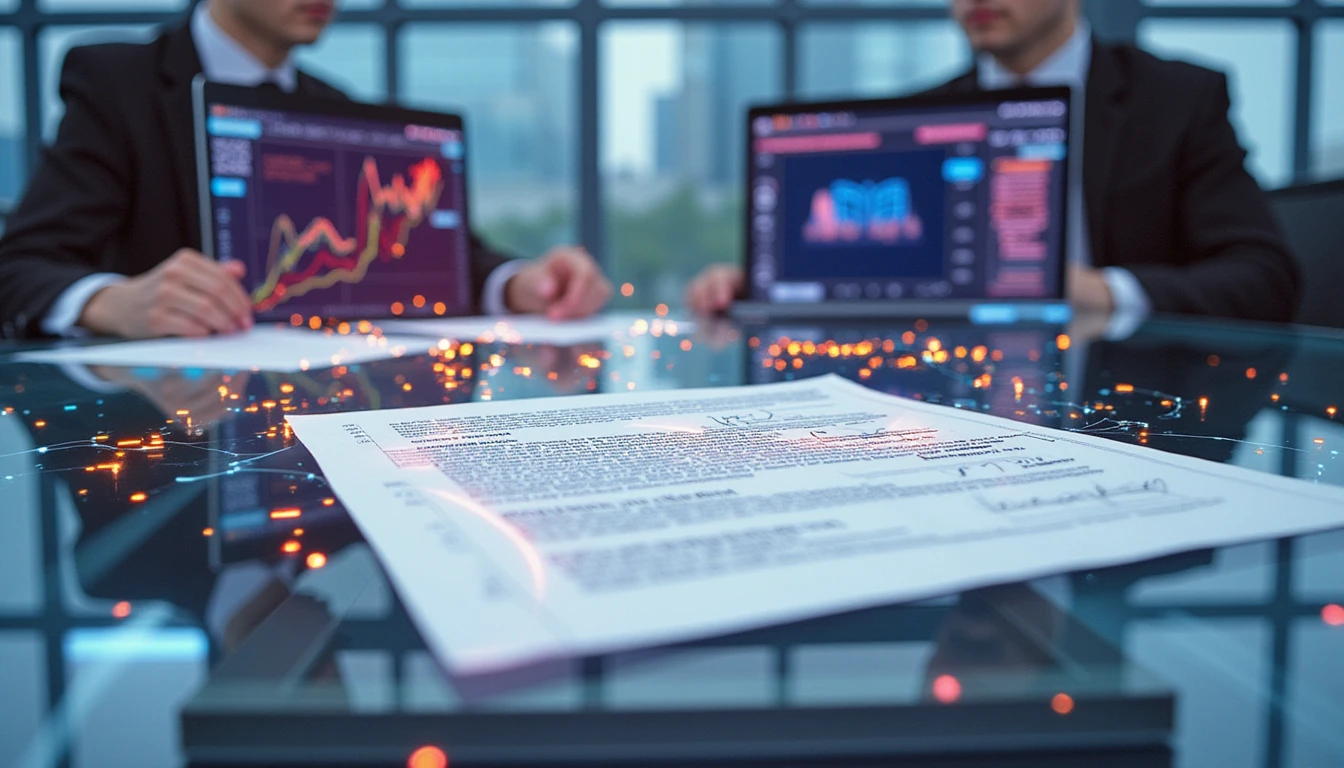 Forged insurance document on glass desk highlighted by neon AI overlays detecting signature fraud in high-tech office setting
