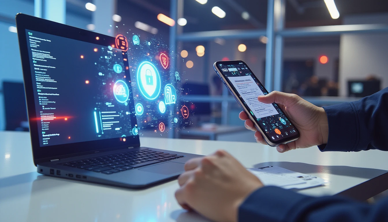 Futuristic fintech scene with smartphone scanning receipt, overlaid by AI neural network, holograms, and fraud detection icons