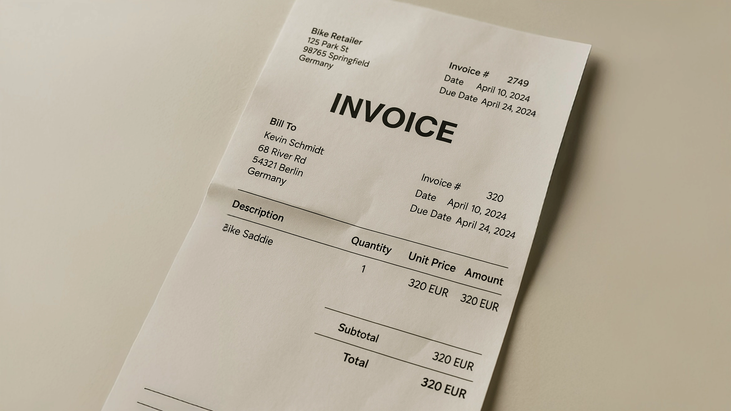 KI-generierte Rechnung eines Fahrradsattels