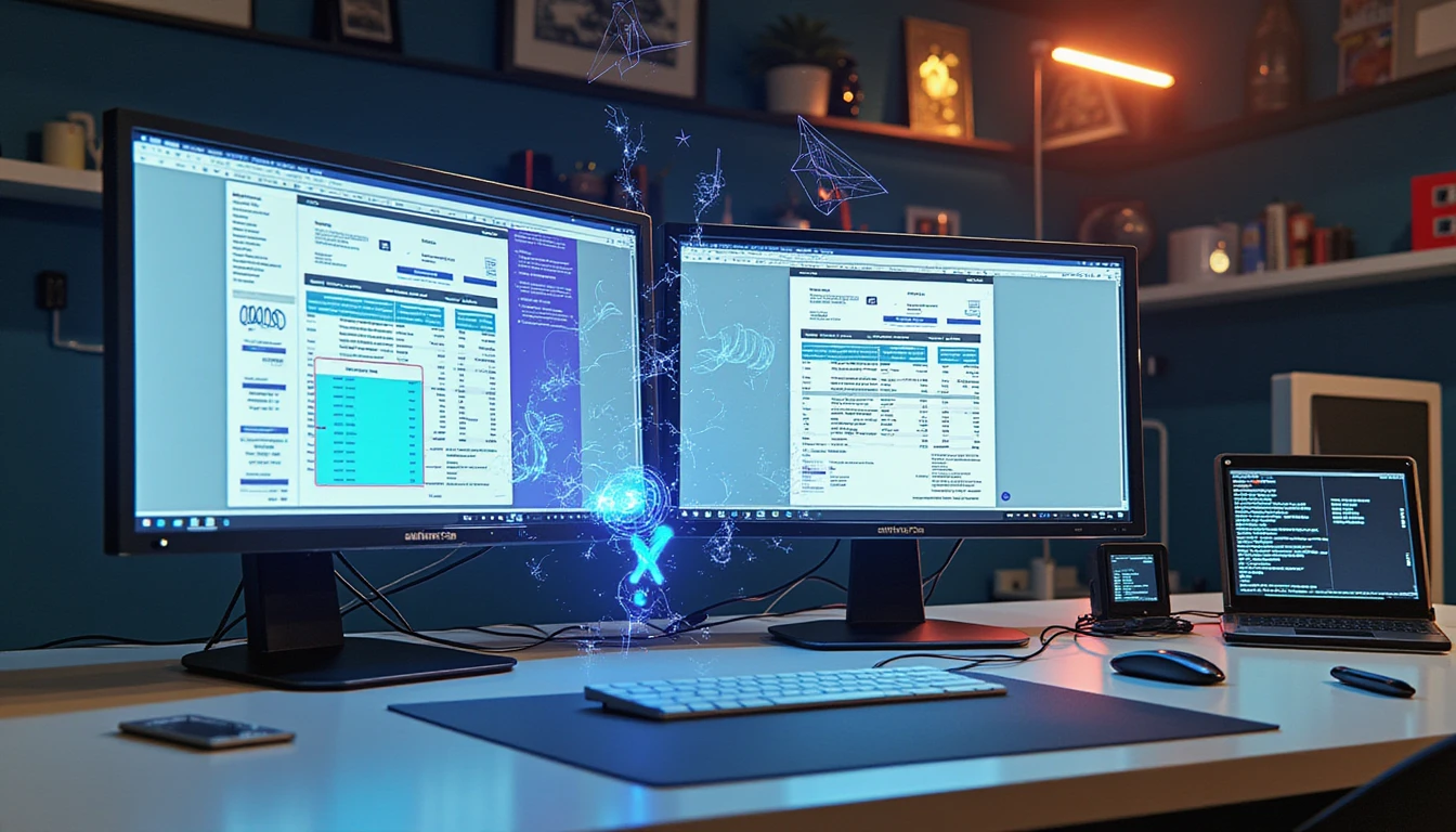 Futuristic digital workspace with dual monitors showing data and invoices, AI overlays detecting fraud, neon-lit high-tech interface