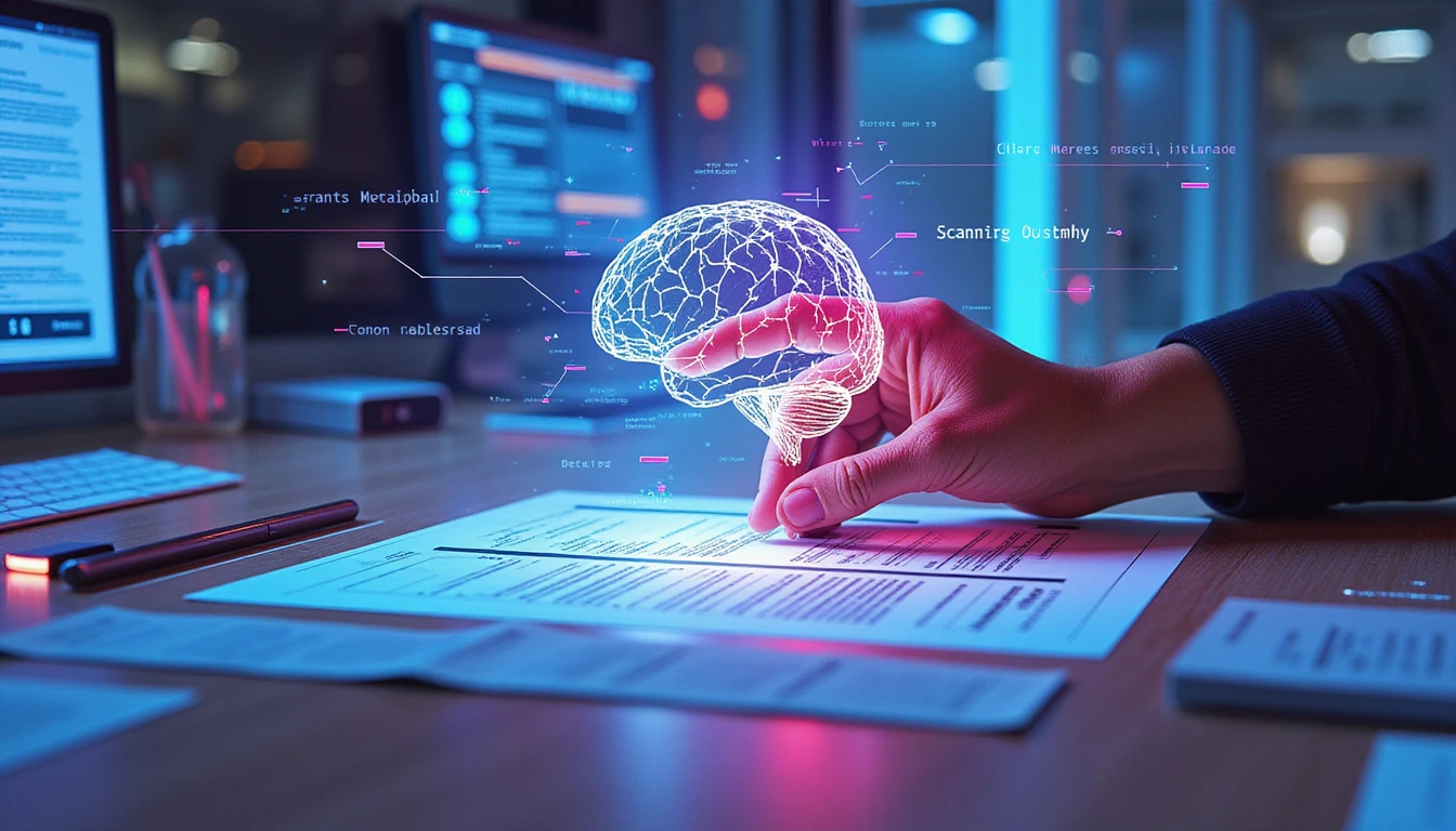 Glowing digital brain scans insurance documents with holograms and data streams in a high-tech, AI-powered fraud detection scene.