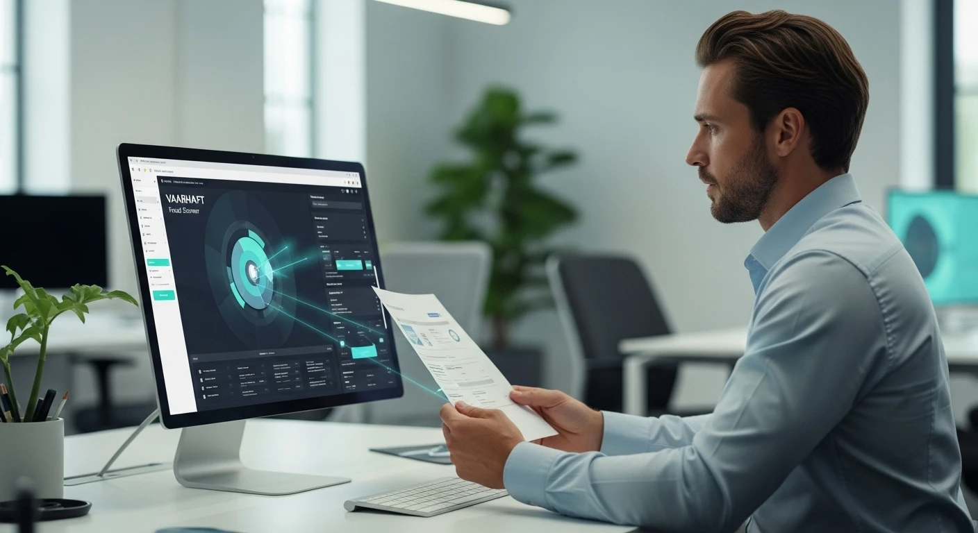 Modern office setting featuring AI software analyzing expense documents on a computer screen, illustrating the concept of 'get AI for expense claim checks'.