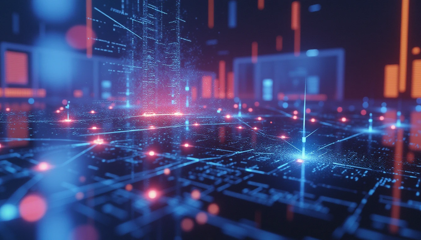 Futuristic digital network with neon-blue and purple AI-driven fraud detection scanning interconnected insurance claims for anomalies.