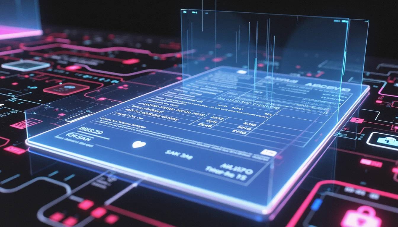 Futuristic AI system analyzing a neon holographic receipt with data streams, security icons, and digital trust indicators