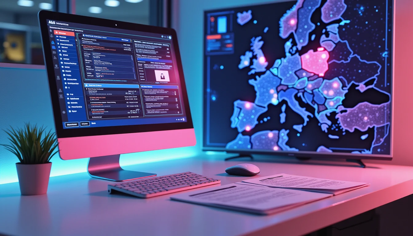 Professional scans AI-distorted insurance documents on neon-lit interface in futuristic fraud detection center with European data map