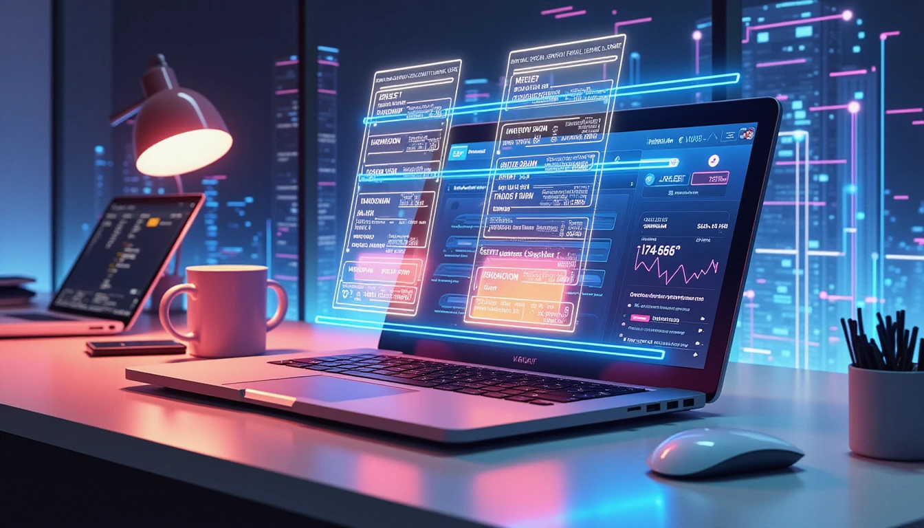 Modern office with AI dashboard detecting receipt fraud, neon overlay shows duplicate elements, digital cityscape background