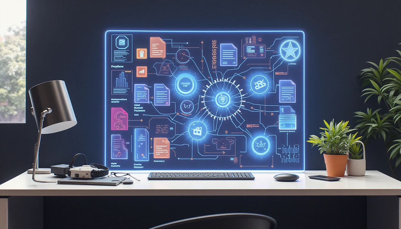 Futuristic workspace with holographic receipts and AI diagrams symbolizing secure, automated expense fraud detection