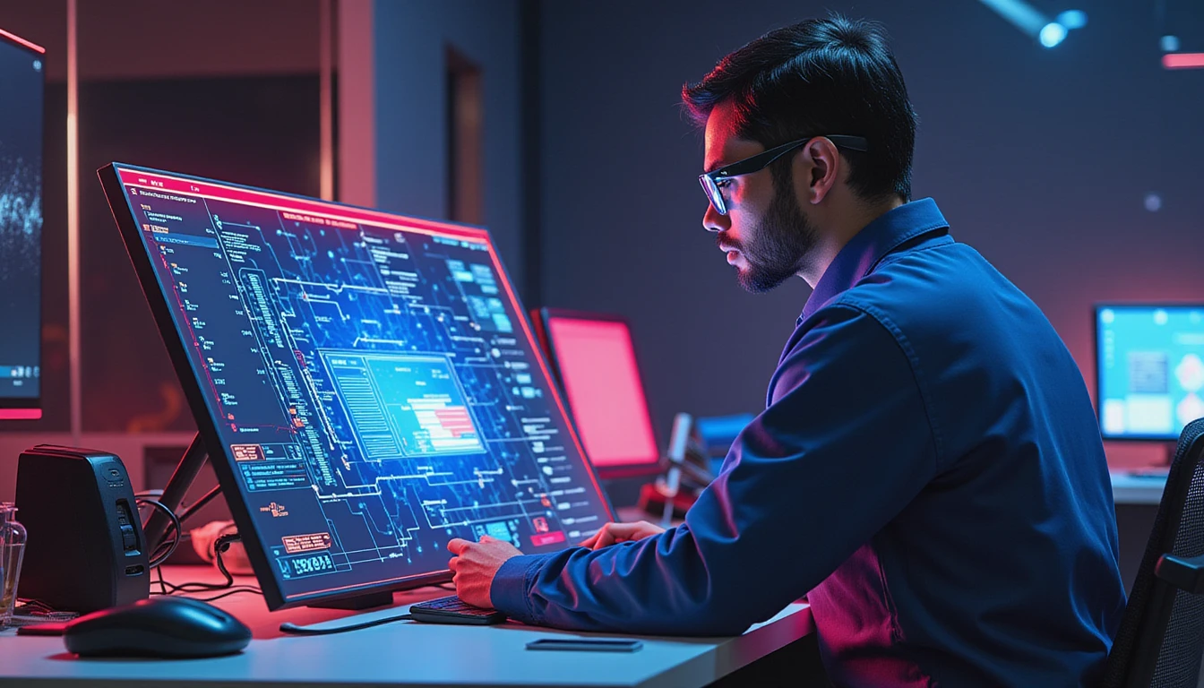 Ein professioneller Versicherungsdetektiv analysiert digitale Dokumente mit fortschrittlicher KI-Betrugserkennung auf einem neonbeleuchteten, hochmodernen Computerinterface.