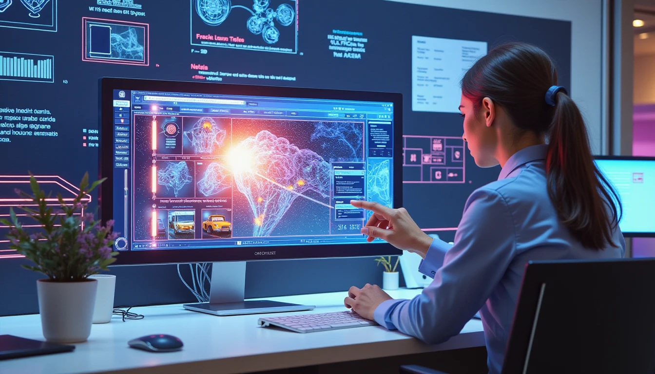 Professional analyzing fraud on AI-driven holographic scanner in high-tech insurance office with neon-lit data visuals and servers