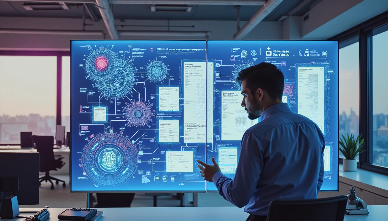 Professional reviewing digital receipts on transparent screen in modern office, with AI fraud detection graphics in background