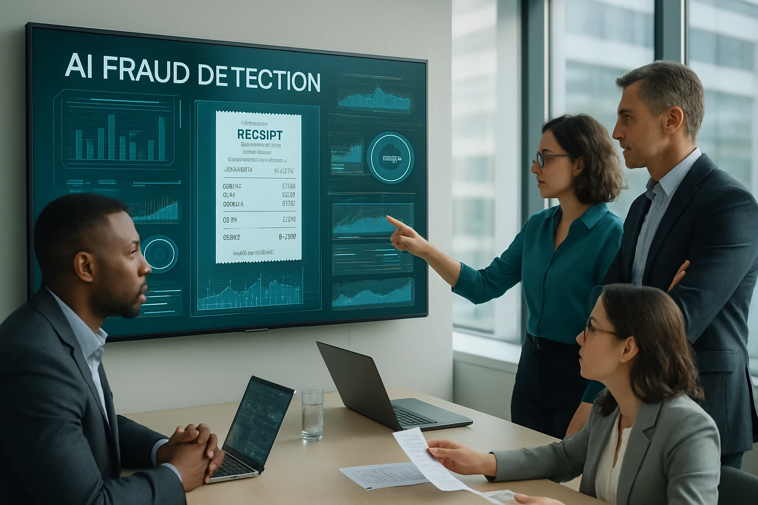 A futuristic workspace showcasing AI technology, with detailed focus on analyzing expense receipts, capturing AI for expense receipt validation.