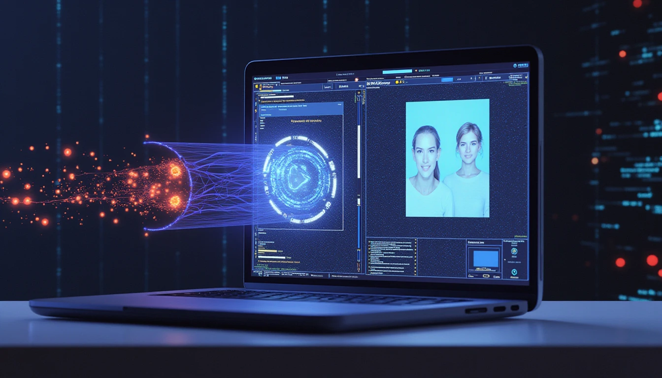 Futuristic AI-driven fraud detection interface with neon data points, metadata layers, and anomaly indicators on a dark digital background.