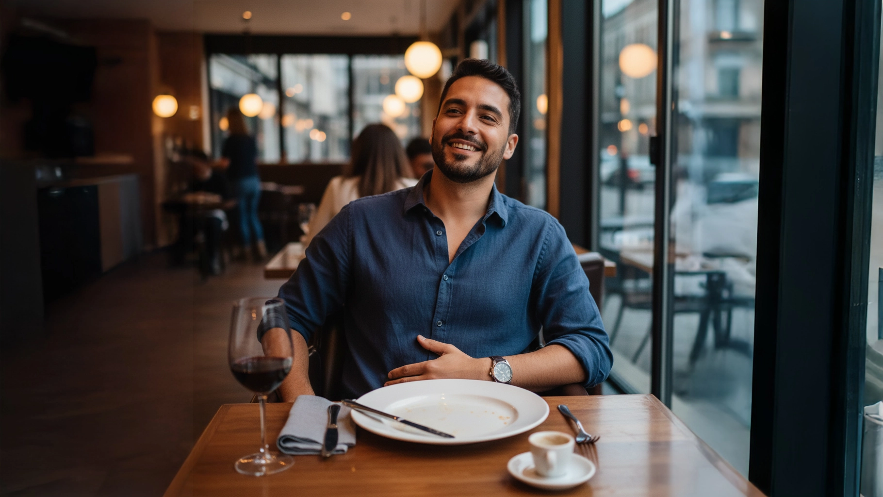 Deepfake eines jungen Mannes in einem Restaurant, lächelnd, wie auf Dating-Apps zu sehen.