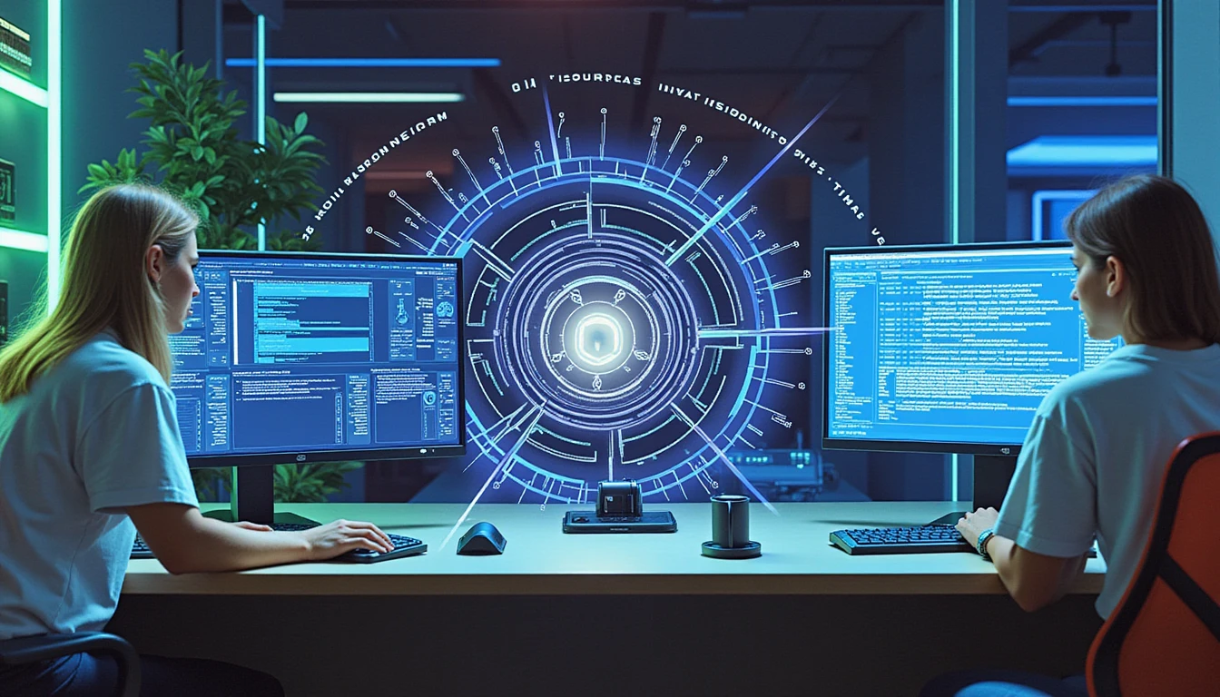 Hightech-Versicherungszentrum mit KI-Betrugserkennung, neonfarbenen Datendisplays und DSGVO-Symbolen in futuristischem Ambiente